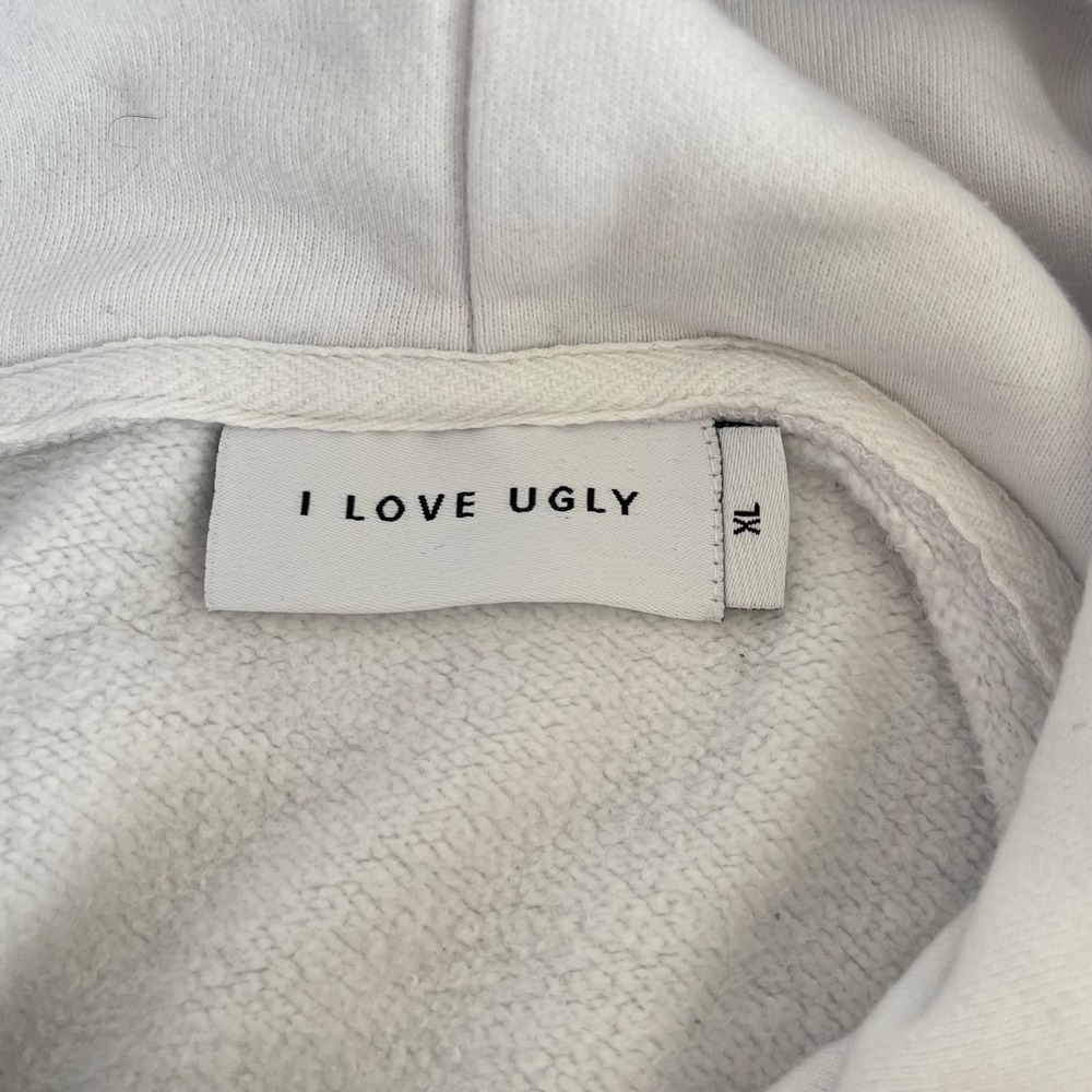 I LOVE UGLY LAID AMOUR Hoodie White Black Text Graphic Pullover Men's XL - Picture 6 of 7